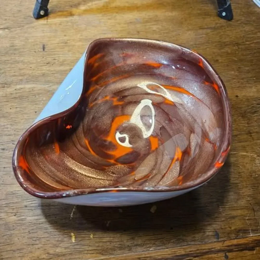 Art Glass Bowl Orange Brown White Swirl Design